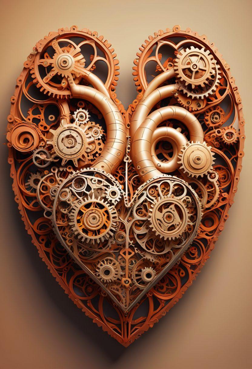 A beautifully intertwined heart made of gears and cogs, symbolizing the mechanics of love, surrounded by vibrant silhouettes of couples engaging in various romantic gestures. The background features an abstract representation of a neural network, illustrating the psychological aspect of romance, while warm, soft colors create an inviting atmosphere. Artistic accents include delicate flowers and societal symbols, emphasizing the blend of psychology and sociology in relationships. vibrant colors. super-realistic. abstract elements.