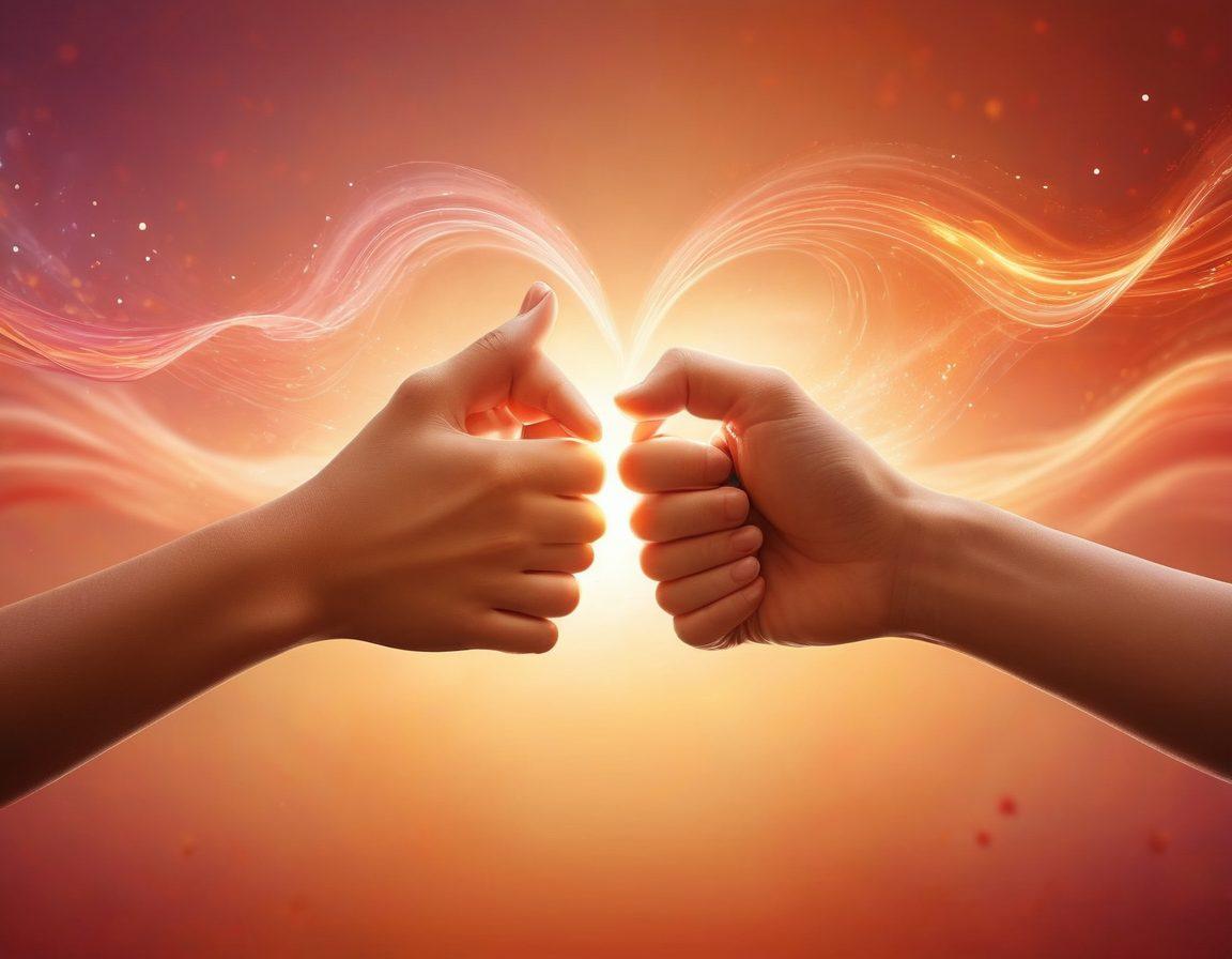 A serene, warm-toned scene of two hands gently connecting, symbolizing emotional bonds, surrounded by soft glowing hearts and a subtle backdrop of an intimate, cozy setting. Incorporate abstract elements that represent emotional intelligence, like colorful waves or symbols of communication. The overall atmosphere should evoke feelings of closeness and understanding. super-realistic. vibrant colors. 3D.