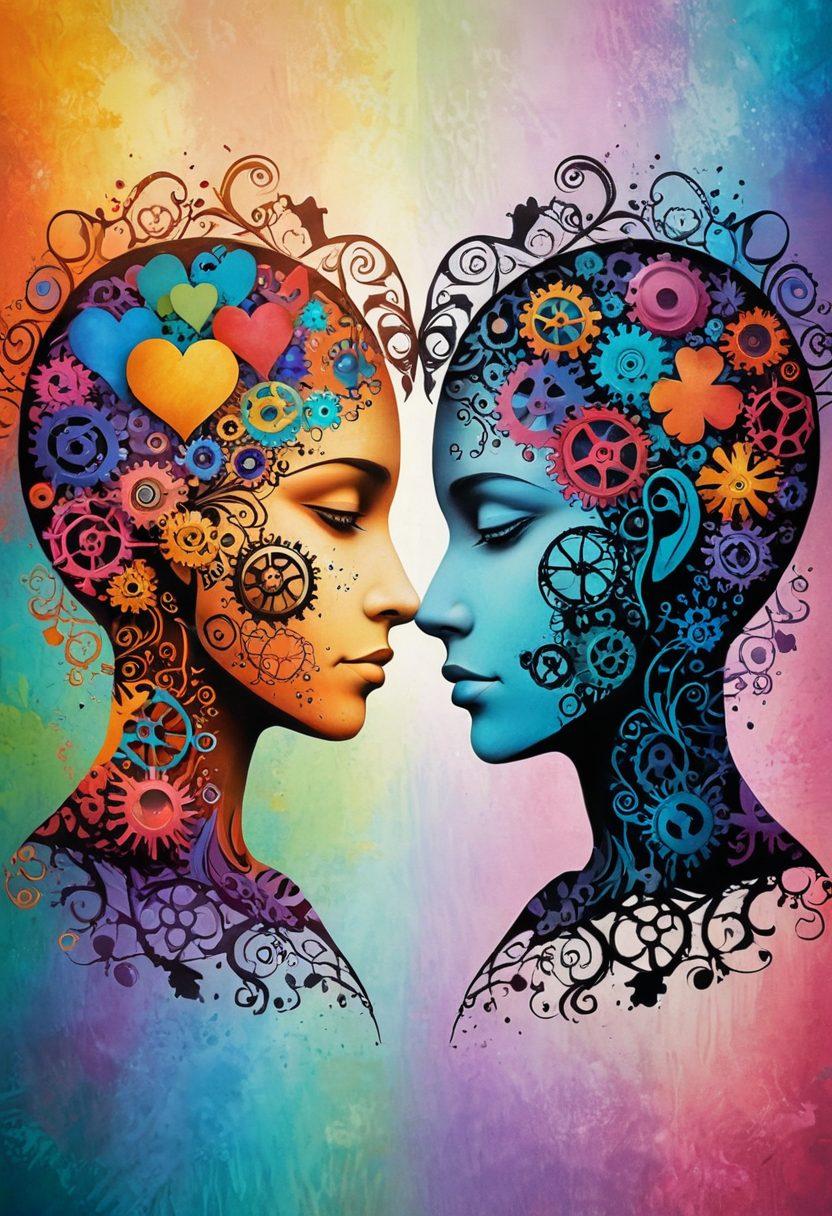 An abstract representation of love featuring intertwined human silhouettes surrounded by gears and heart motifs, symbolizing the psychological and sociological aspects of relationships. The background should blend soft pastels with vivid splashes of color to represent emotions, while including elements like books and heart shapes that depict learning and connection. super-realistic. vibrant colors. soft focus.